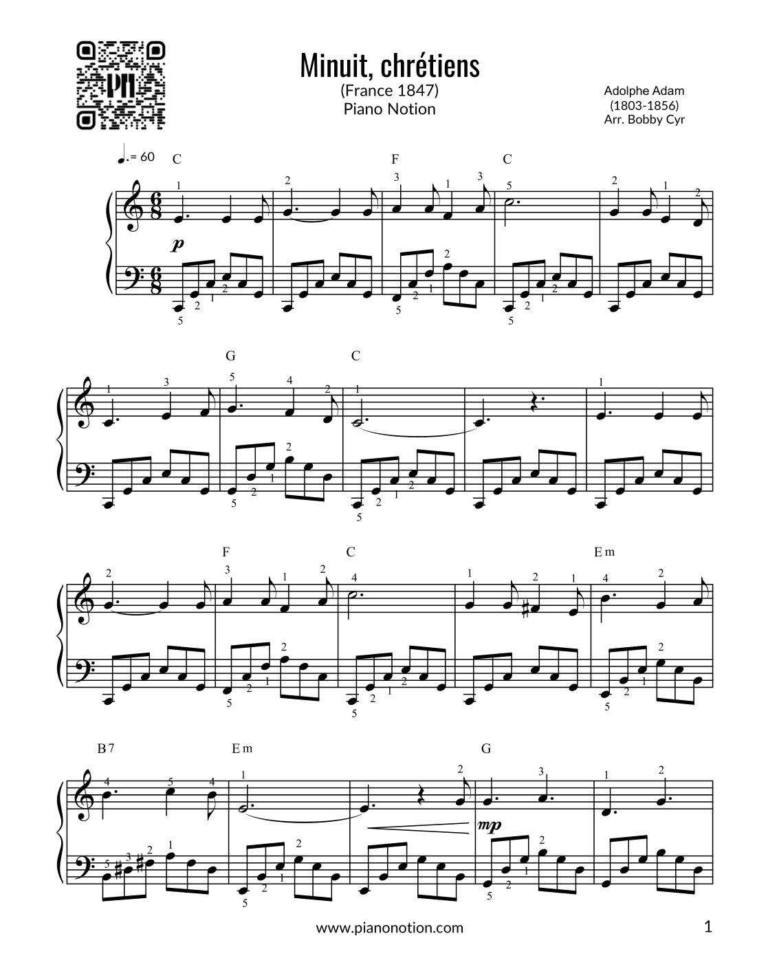 Minuit, chrétiens (Easy Piano) (arr. Bobby Cyr - Piano Notion)