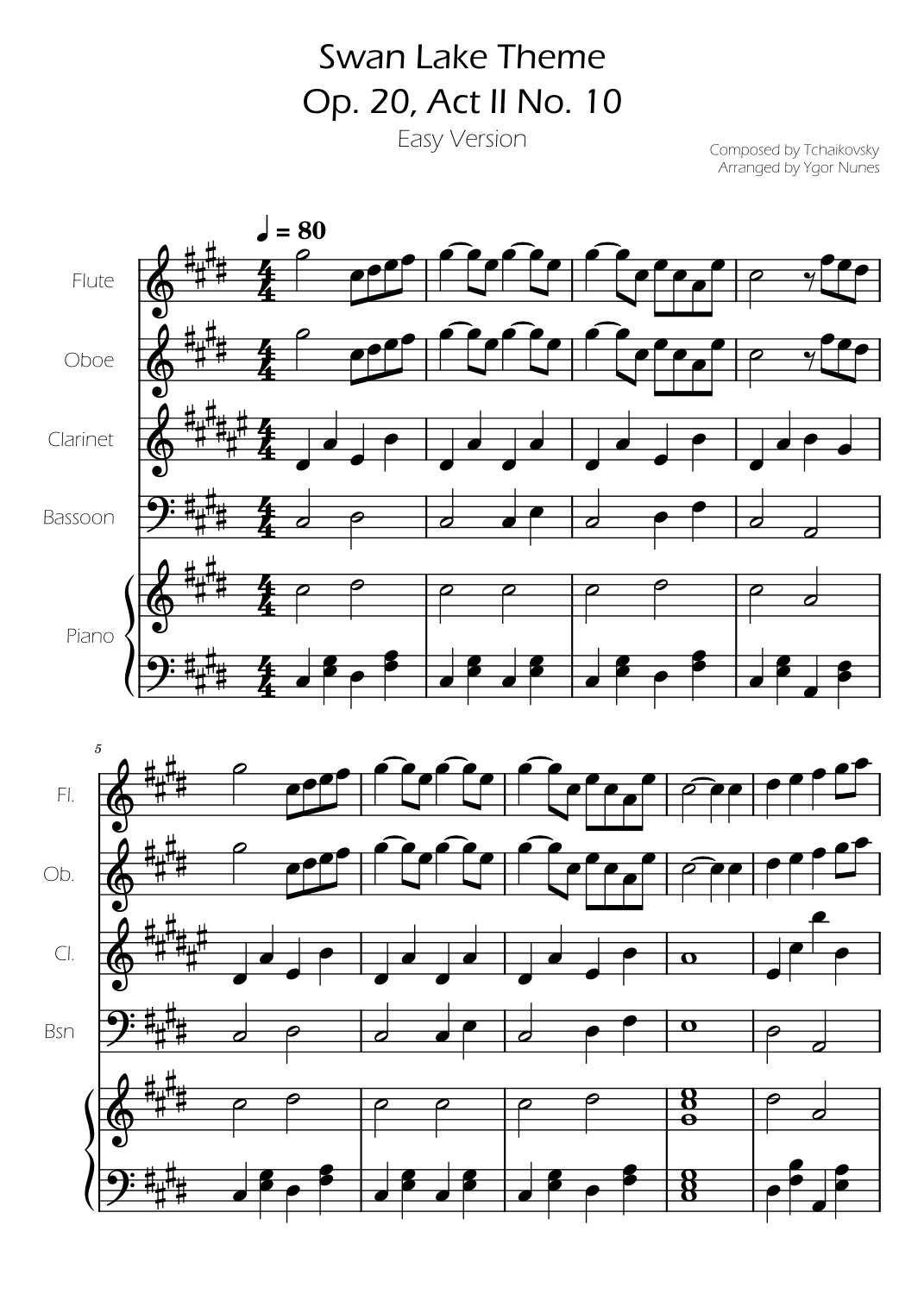 Swan Lake (theme) - Tchaikovsky - Woodwind Quartet w/ Piano Accompaniment (arr. Ygor Nunes)