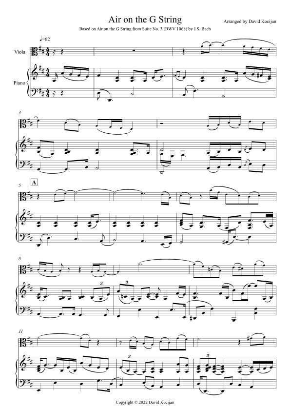 Air on the G String - INTERMEDIATE (viola & piano) (arr. David Kocijan)
