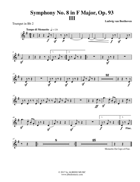 Beethoven Symphony No. 8, Movement III - Trumpet in Bb 2 (Transposed Part), Op. 93 (arr. Doug Clyde)