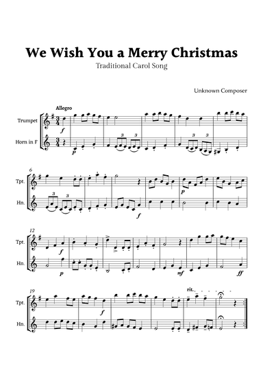 We Wish you a Merry Christmas for Trumpet and French Horn Duet (arr. Rika K.)