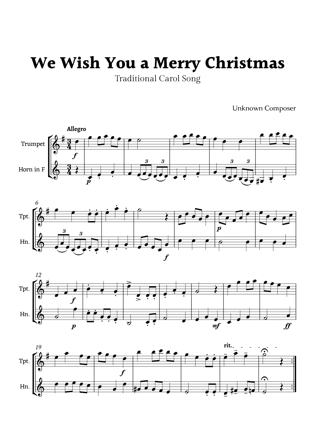We Wish you a Merry Christmas for Trumpet and French Horn Duet (arr. Rika K.)