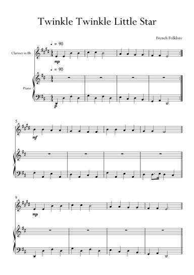 Twinkle Twinkle Little Star for Clarinet and Piano in D Major. Very Easy. (arr. Matheus Araújo)