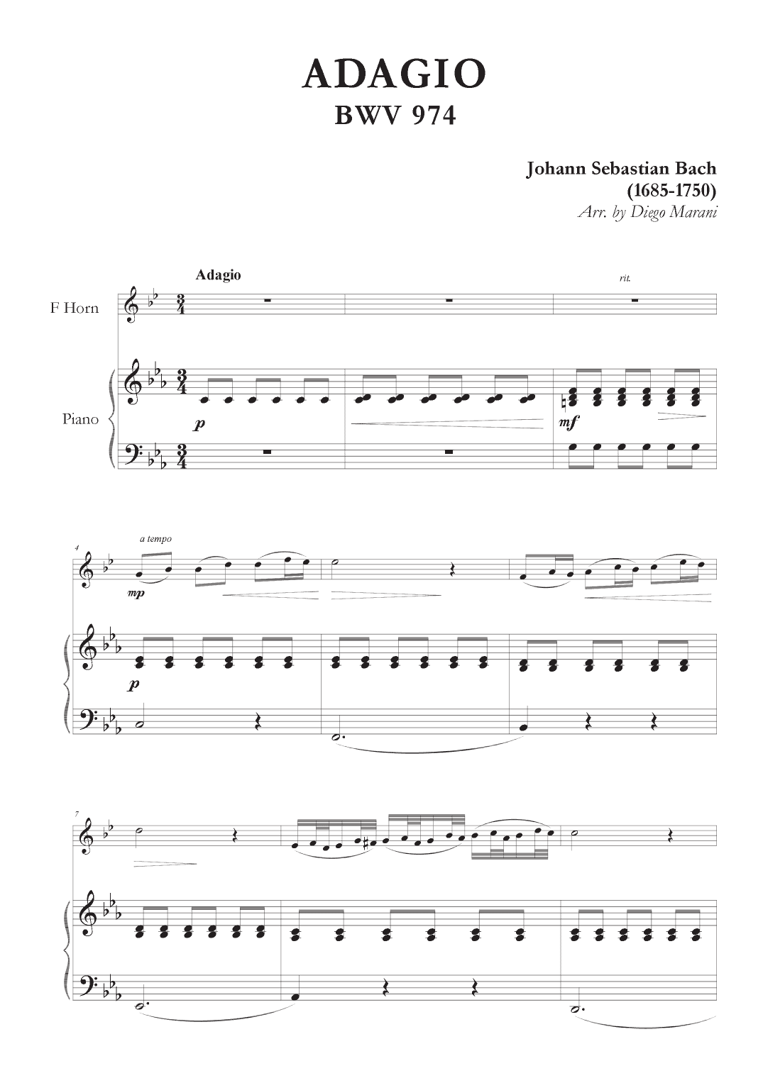 Adagio from BWV 974 for Horn and Piano (arr. Diego Marani)