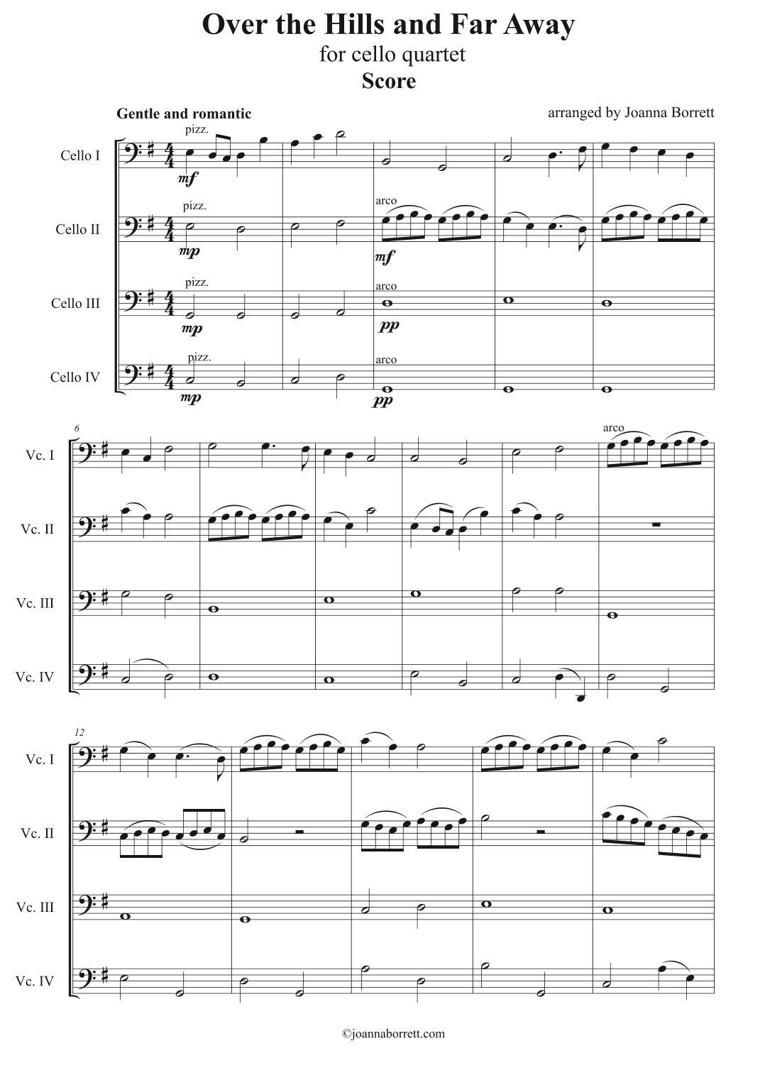 Over the Hills and Far Away for Cello Quartet - Score and cello parts (arr. Joanna Borrett)
