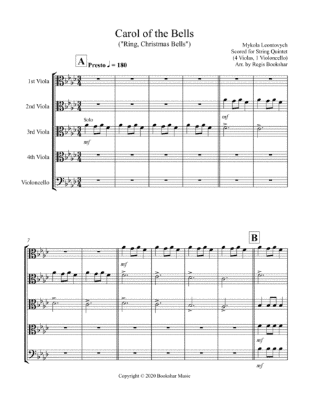 Carol of the Bells (F min) (String Quintet - 4 Viola, 1 Cello) (arr. Regis Bookshar)