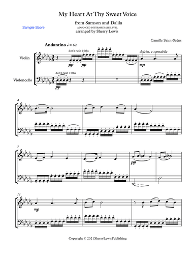 MY HEART AT THY SWEET VOICE for String Duo, Advanced Intermediate Level for violin and cello (arr. Sherry Lewis)