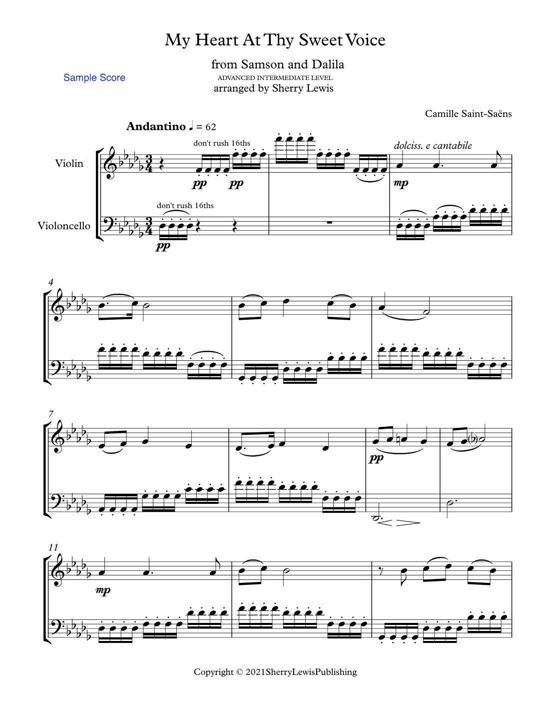 MY HEART AT THY SWEET VOICE for String Duo, Advanced Intermediate Level for violin and cello (arr. Sherry Lewis)