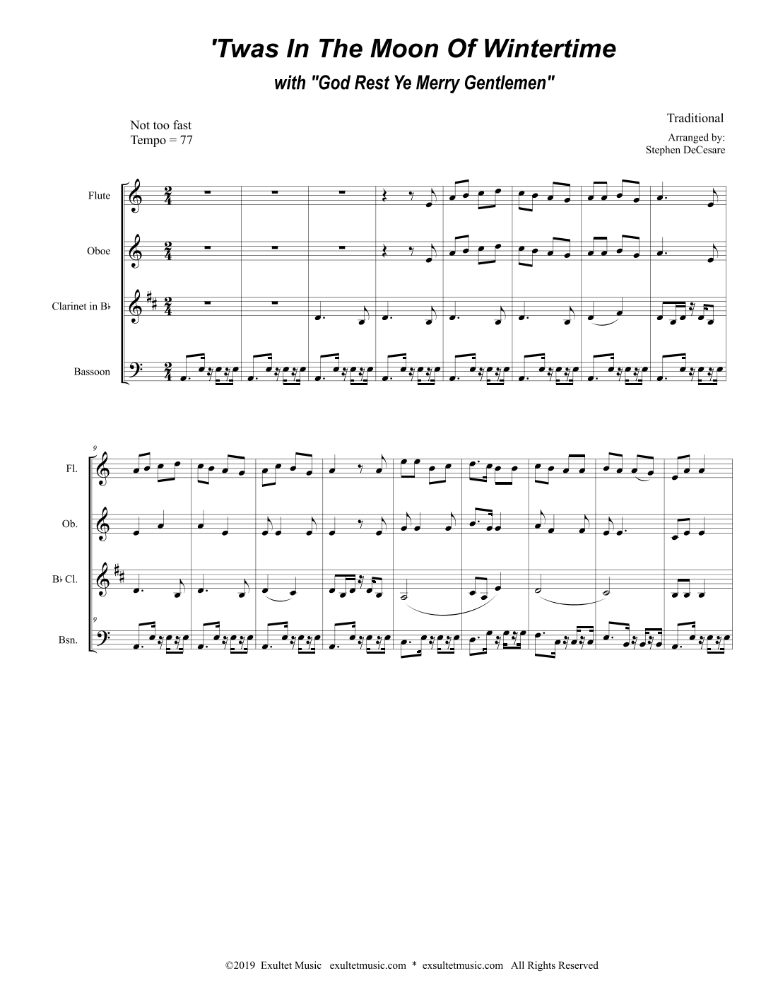 'Twas In The Moon Of Wintertime (with "God Rest Ye Merry Gentlemen") (Woodwind Quartet and Piano) (arr. Stephen DeCesare)