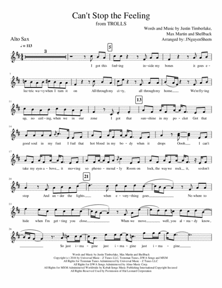Can't Stop The Feeling  from TROLLS (arr. JNguyenSheets)