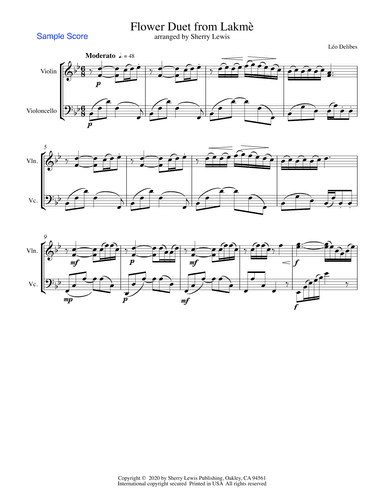 FLOWER DUET from Lakmè, String Duo, Intermediate Level for violin and cello (arr. Sherry Lewis)