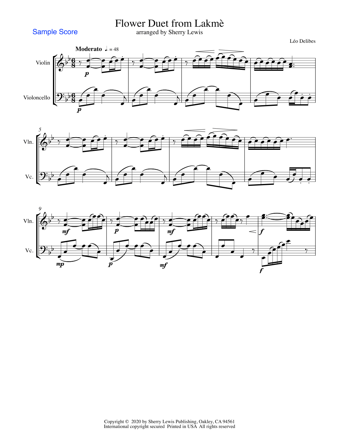 FLOWER DUET from Lakmè, String Duo, Intermediate Level for violin and cello (arr. Sherry Lewis)