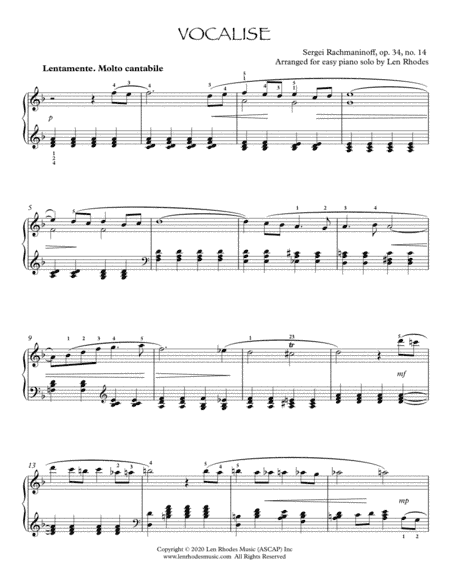 Rachmaninoff - Vocalise, easy Piano (arr. Len Rhodes)
