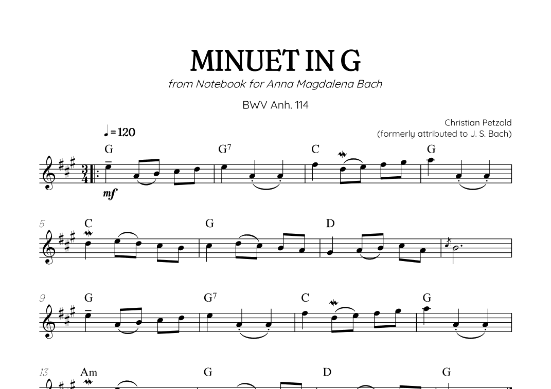 Petzold (Bach) Minuet in G BWV Anh 114 | trumpet solo (with chords) (arr. Benzaiten Editions)