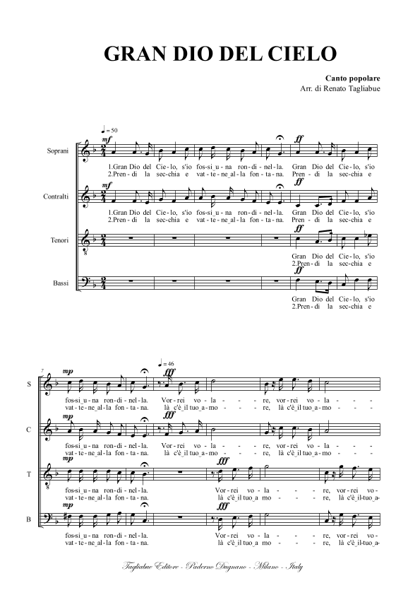 GRAN DIO DEL CIELO - Canto Popolare italiano - Arr. for SATB Choir (arr. Renato Tagliabue)