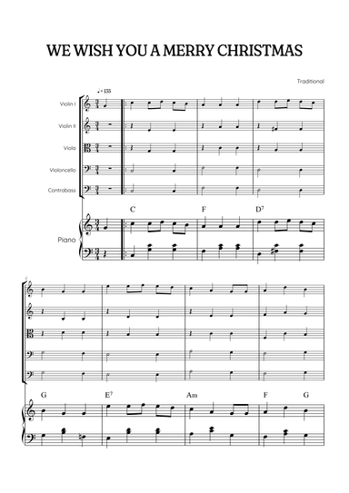 We Wish You a Merry Christmas for String Quintet & Piano • easy Christmas sheet music w/ chords (arr. Benzaiten Editions)