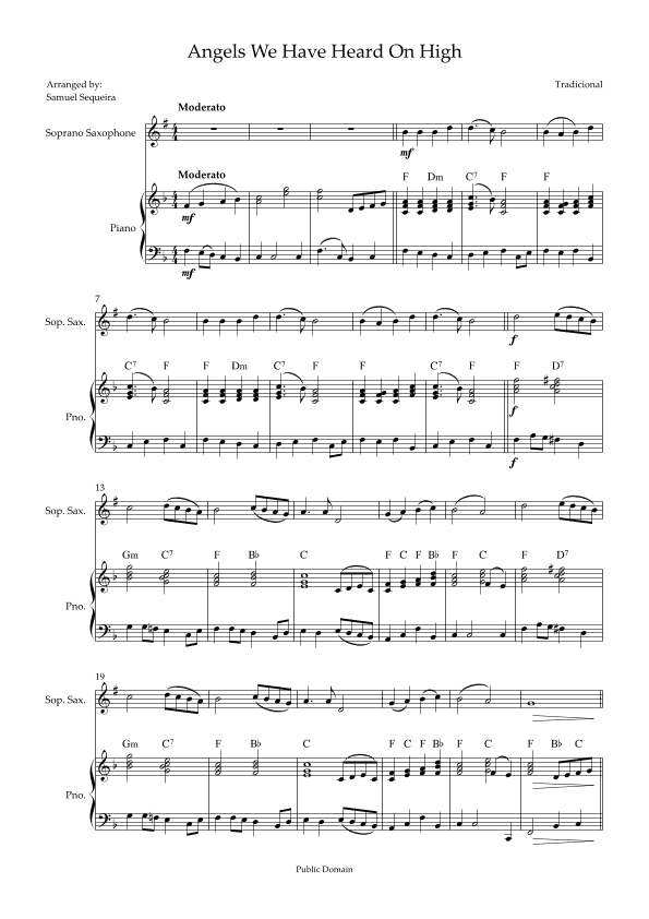 Angels We Have Heard On High - For Soprano Saxophone -  With Piano Play along (arr. Samuel Sequeira)