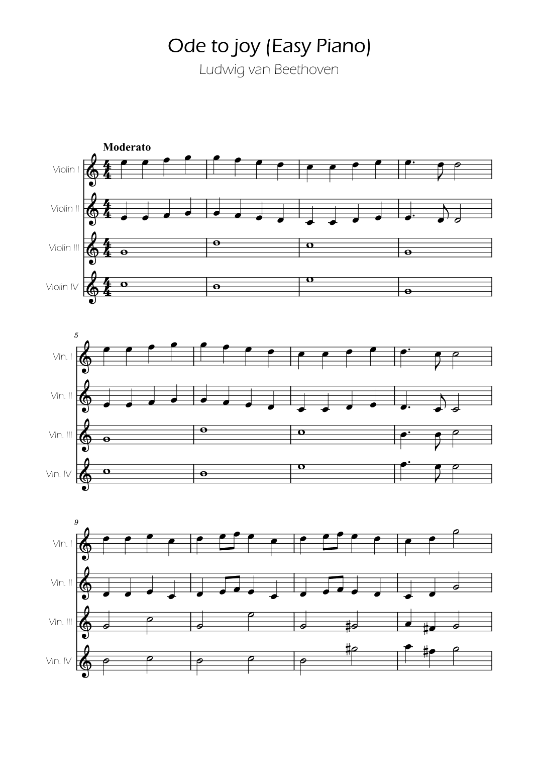 Ode To Joy - Easy Violin Quartet (arr. Ygor Nunes)