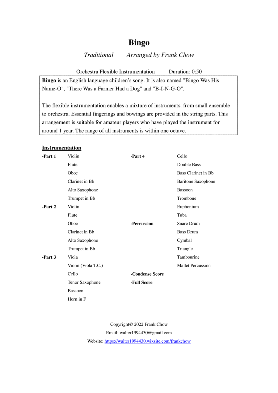 Bingo (Orchestra/ Concert Band Flexible Instrumentation) (arr. Frank Chow)