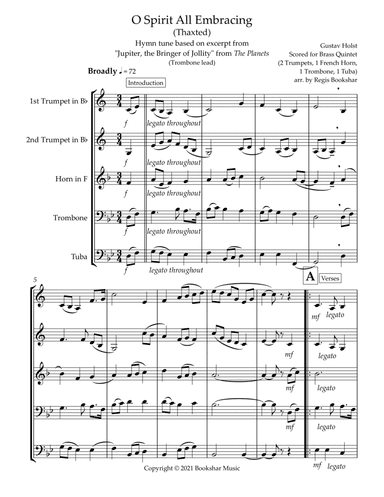 O Spirit All-Embracing (Thaxted) (Bb) (Brass Quintet - 2 Trp, 1 Hrn, 1 Trb, 1 Tuba) (Trombone lead) (arr. Regis Bookshar)