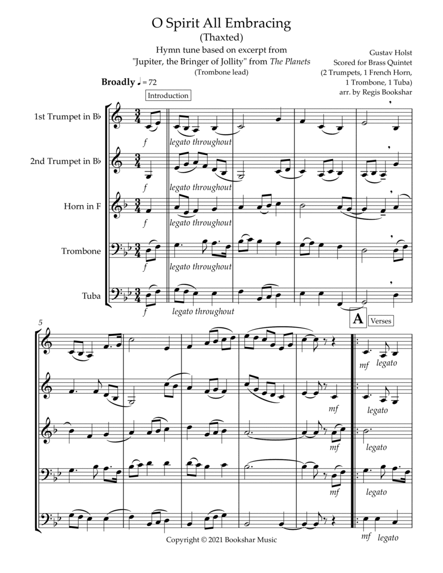 O Spirit All-Embracing (Thaxted) (Bb) (Brass Quintet - 2 Trp, 1 Hrn, 1 Trb, 1 Tuba) (Trombone lead) (arr. Regis Bookshar)