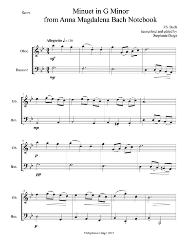 Bach Minuet in G Minor for Oboe and Bassoon Duet (arr. Stephanie Daige)