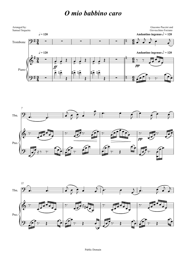O mio babbino caro - for Trombone and Piano accompaniment - orchestral play along (arr. Samuel Sequeira)