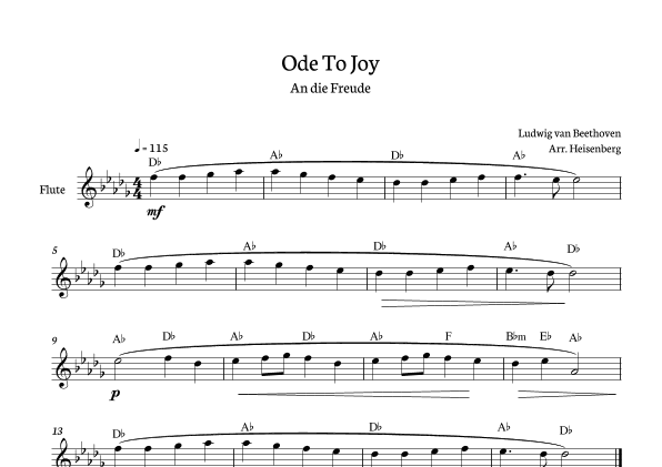 Beethoven - Ode To Joy for flute in Db with chords (Lyrics in English) (arr. Heisenberg)