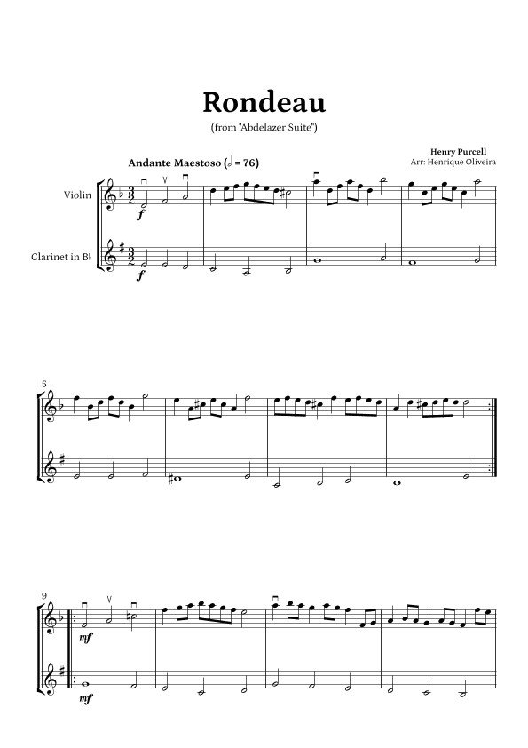 Rondeau from "Abdelazer Suite" by Henry Purcell - For Violin and Clarinet (arr. Henrique Oliveira)