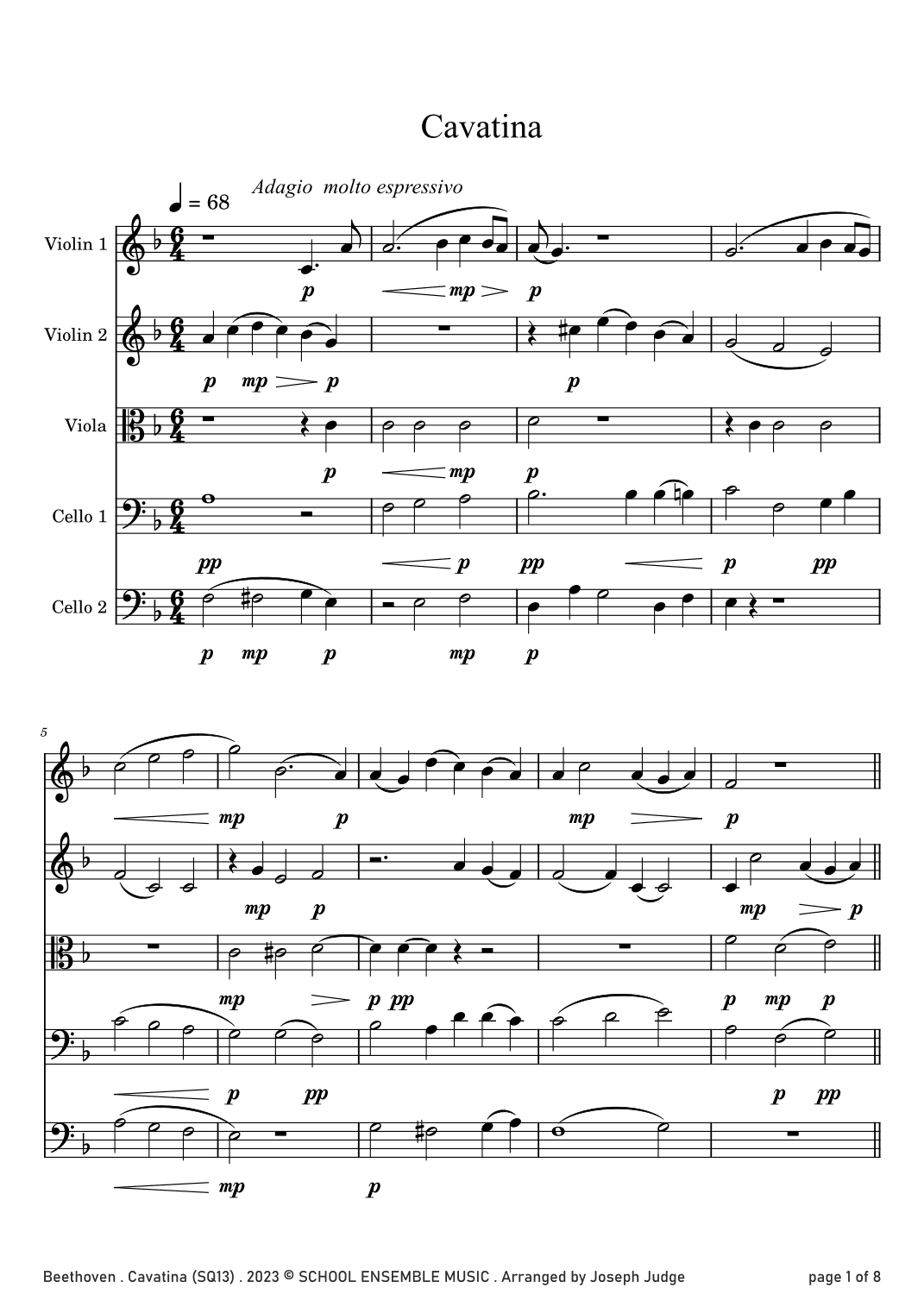 Cavatina by Beethoven for String Quintet in Schools (arr. Joseph Judge)