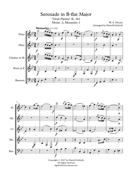 Mozart: Serenade in Bb Major, K. 361 (Gran Partita) for Wind Quintet Mvmt. 2 (Menuetto I) (arr. Darrell Goforth)