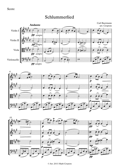 SCHLUMMERLIED. Carl Baermann. STRING QUARTET Arr. Mark Cropton (arr. MARK CROPTON)