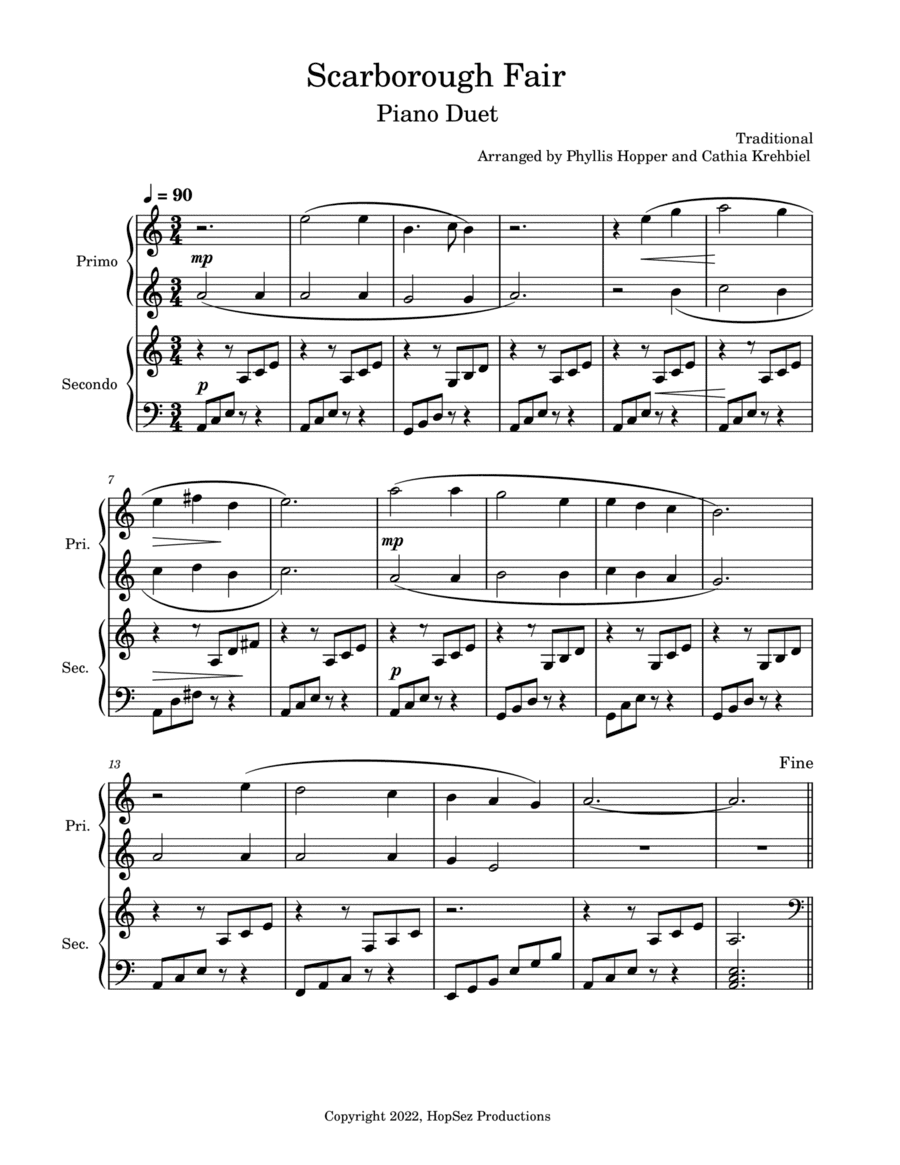 Scarborough Fair - 1 piano 4 hands duet (arr. Phyllis Hopper and Cathia Krehbiel)