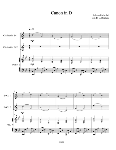 Canon in D (Clarinet Duet with Piano Accompaniment) (arr. B. C. Dockery)