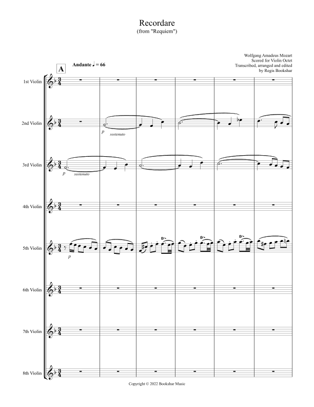 Recordare (from "Requiem") (F) (Violin Octet) (arr. Regis Bookshar)