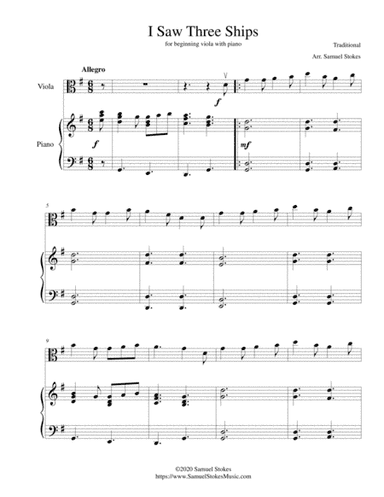 I Saw Three Ships - for beginning viola with optional piano accompaniment (arr. Samuel Stokes)