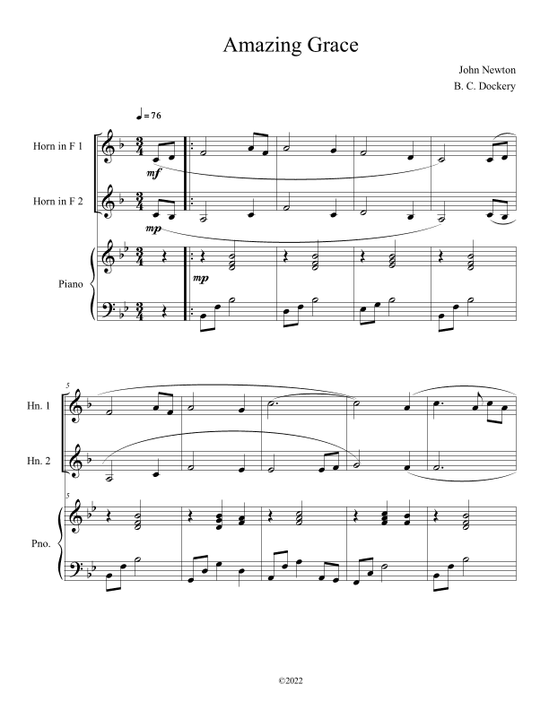 Amazing Grace (French Horn Duet with Piano Accompaniment) (arr. B. C. Dockery)