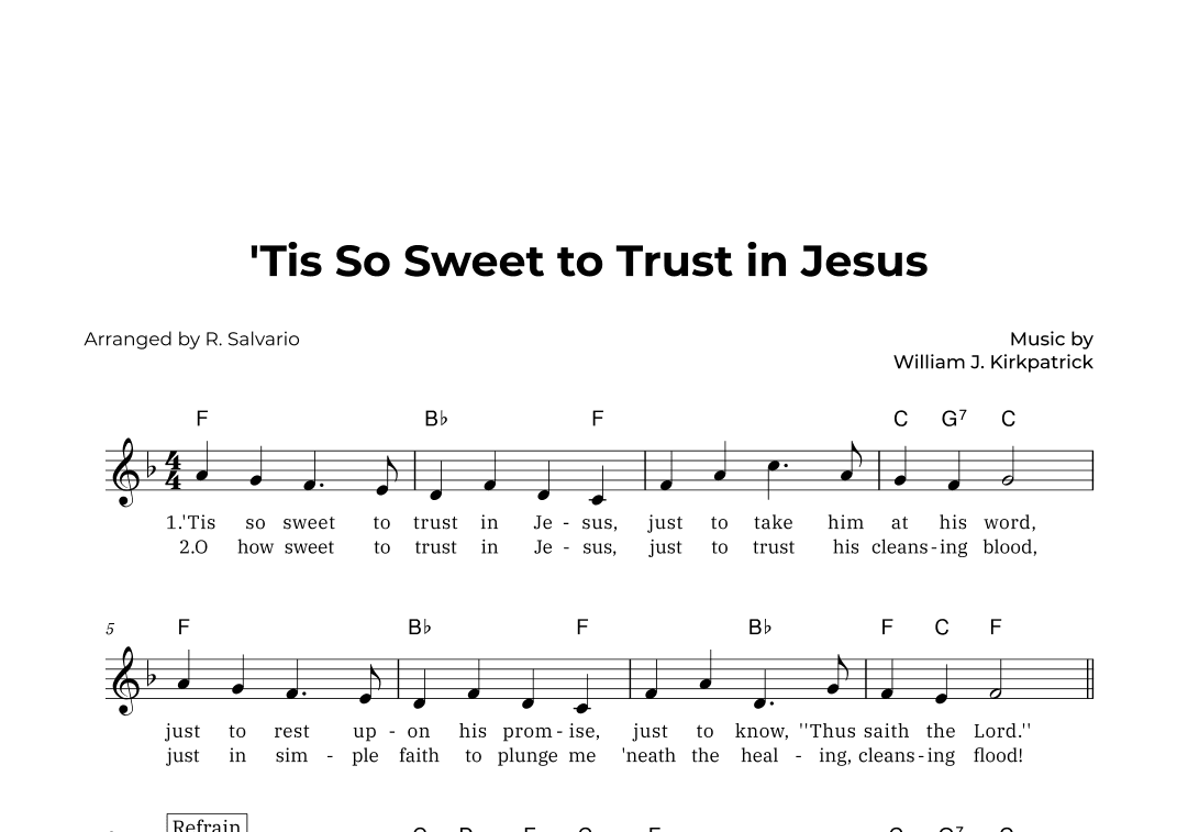 'Tis So Sweet to Trust in Jesus (Key of F Major) (arr. R. Salvario)
