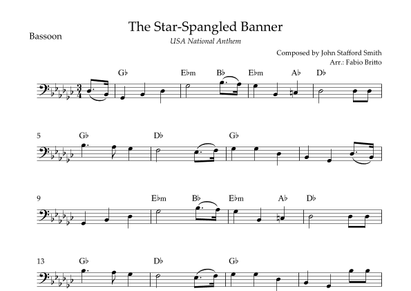 The Star Spangled Banner (USA National Anthem) for Bassoon Solo with Chords (Gb Major) (arr. Fabio Britto)