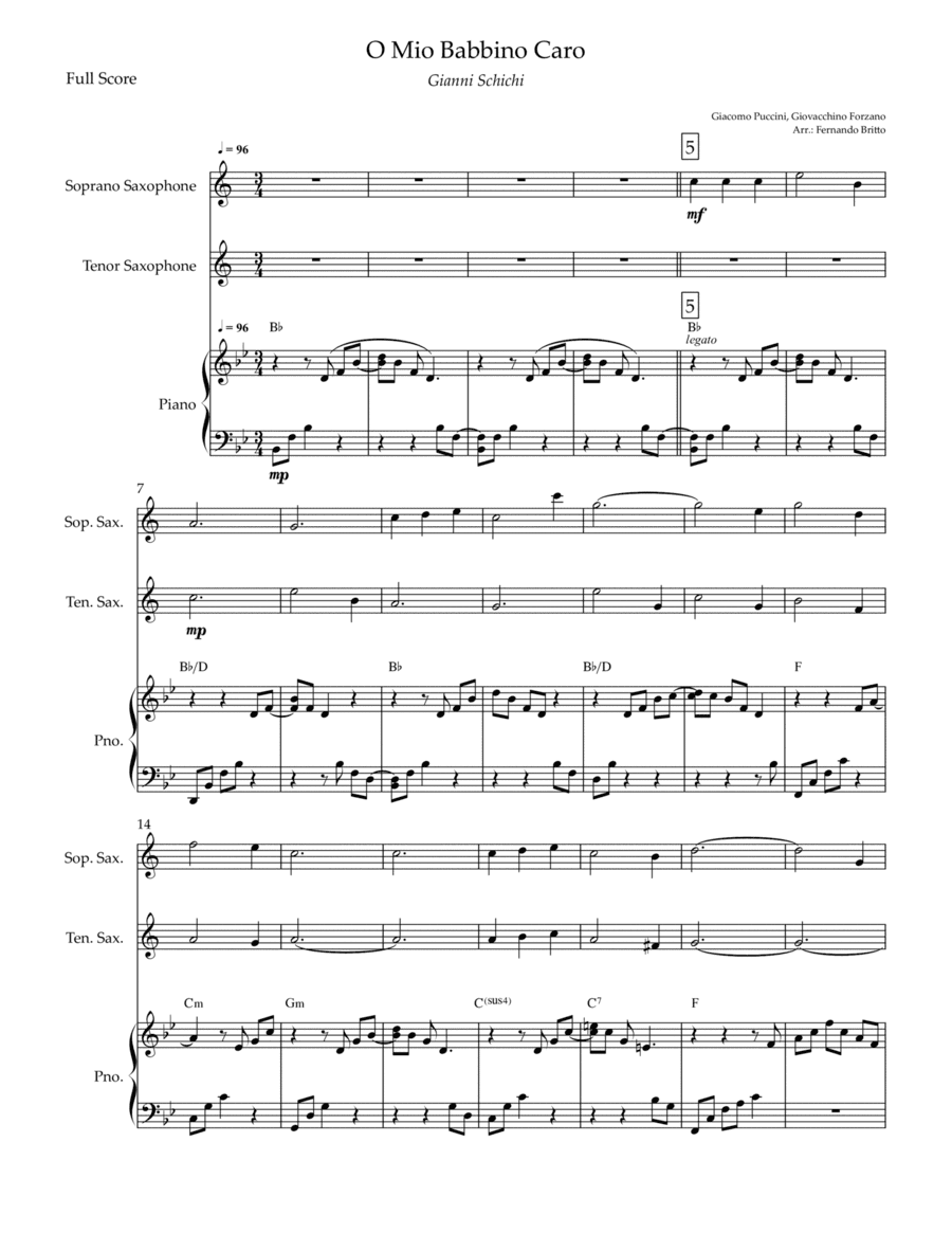 O Mio Babbino Caro (Puccini) for Soprano Saxophone & Tenor Saxophone Duo and Piano Accompaniment wit (arr. Fernando Britto)