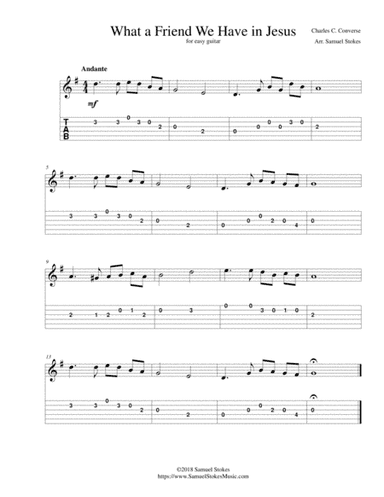 What a Friend We Have in Jesus - for easy guitar with TAB (arr. SamuelStokesMusic.com)