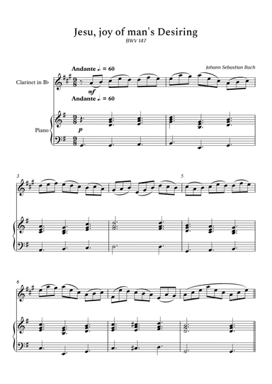 Jesu, Joy of Man's Desiring for Clarinet and Piano (Not Chords) - Score and Parts (arr. Cássio Silva Chaves)