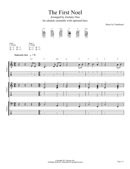 The First Noel ukulele ensemble with optional bass (arr. Zachary Oon)