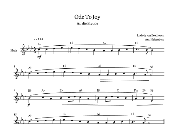 Beethoven - Ode To Joy for flute in Ab with chords (Lyrics in English) (arr. Heisenberg)