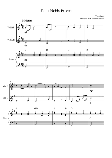 Dona Nobis Pacem (Grant us peace) (for violin duet and piano accompaniment) (arr. Kaiserin Rebecca)