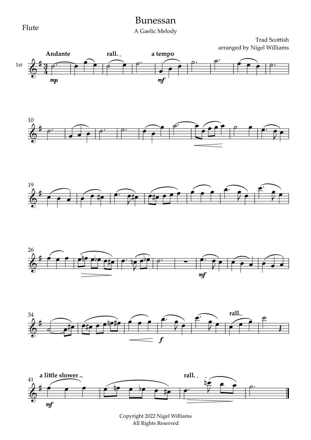 Bunessan, a Gaelic Melody, for Flute Trio (arr. Nigel Williams)