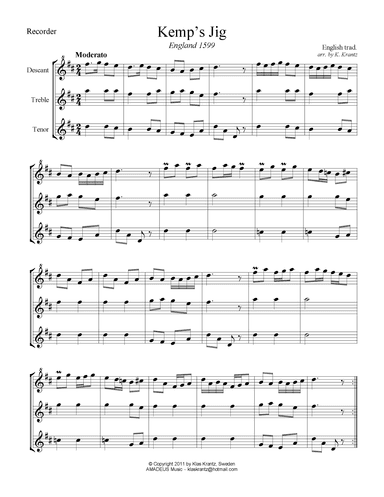Kemp's Jig for recorder trio (SAT) (arr. K. Krantz)