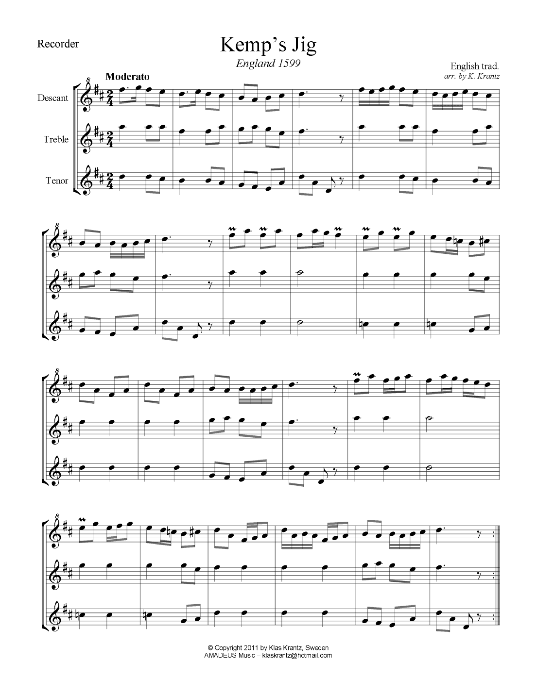 Kemp's Jig for recorder trio (SAT) (arr. K. Krantz)