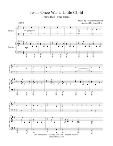 Jesus Once Was a Little Child (late elementary student/teacher piano duet) (arr. Anne Britt)