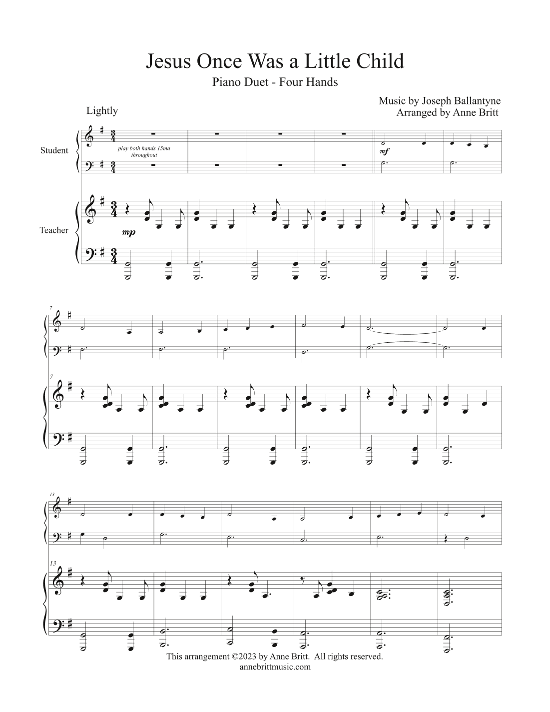 Jesus Once Was a Little Child (late elementary student/teacher piano duet) (arr. Anne Britt)